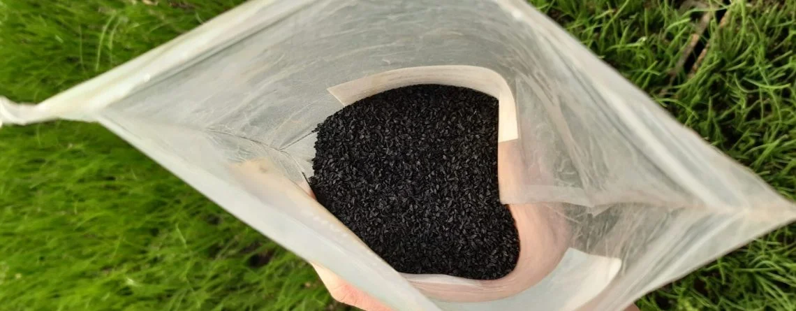 Hand holding a packet of seeds with a grassy background